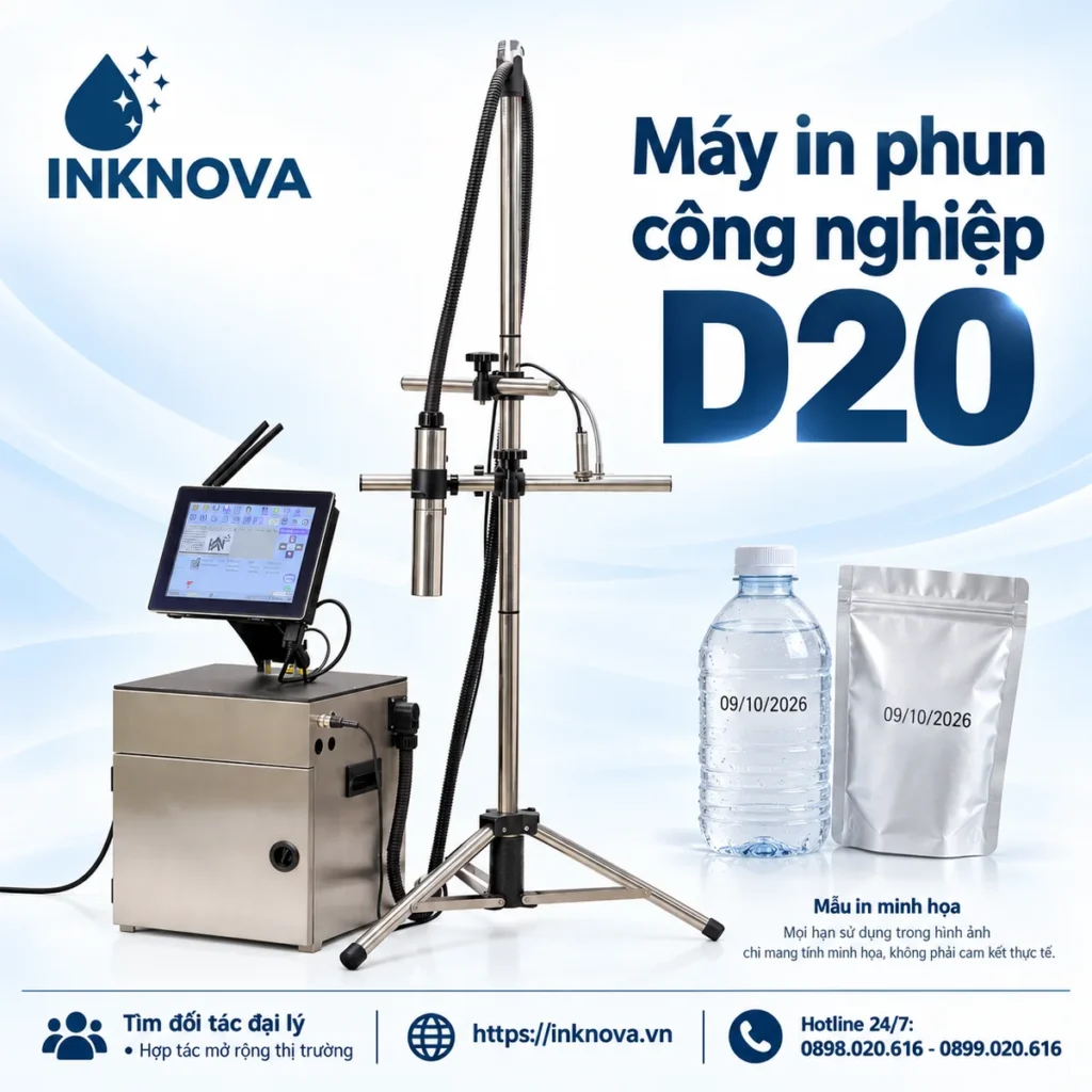 Ảnh đại diện máy in phun công nghiệp D20 INKNOVA cùng mẫu chai và túi