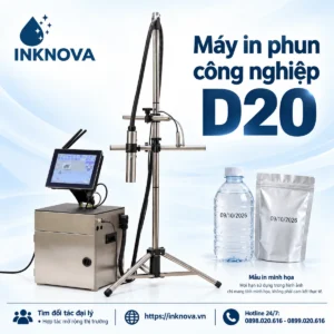 Ảnh đại diện máy in phun công nghiệp D20 INKNOVA cùng mẫu chai và túi