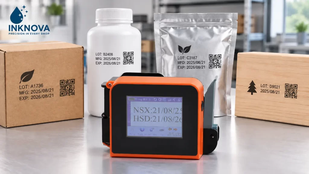 Máy D30 in trên carton nhựa màng nhôm và gỗ
