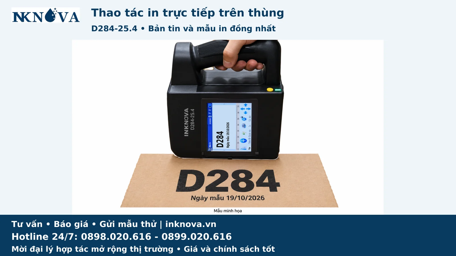 d284-25.4-01-thao-tac Máy in phun 4 đầu in cầm tay D284-25.4 với vùng in ghép cao tối đa 100 mm
