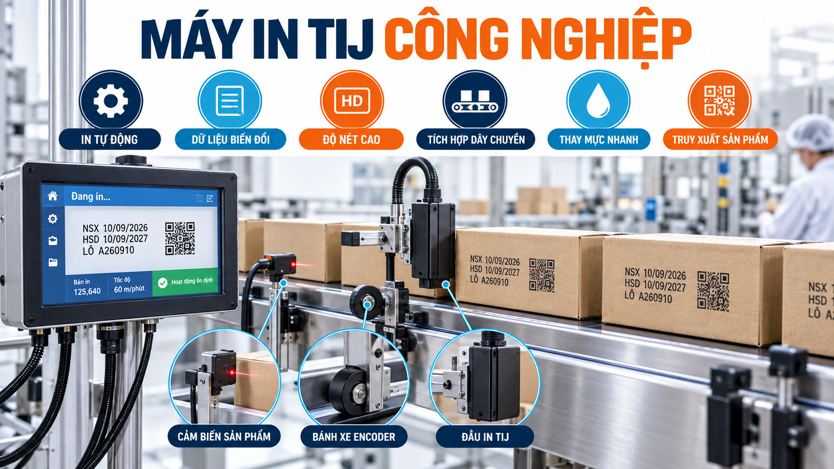 Máy in TIJ công nghiệp trên dây chuyền