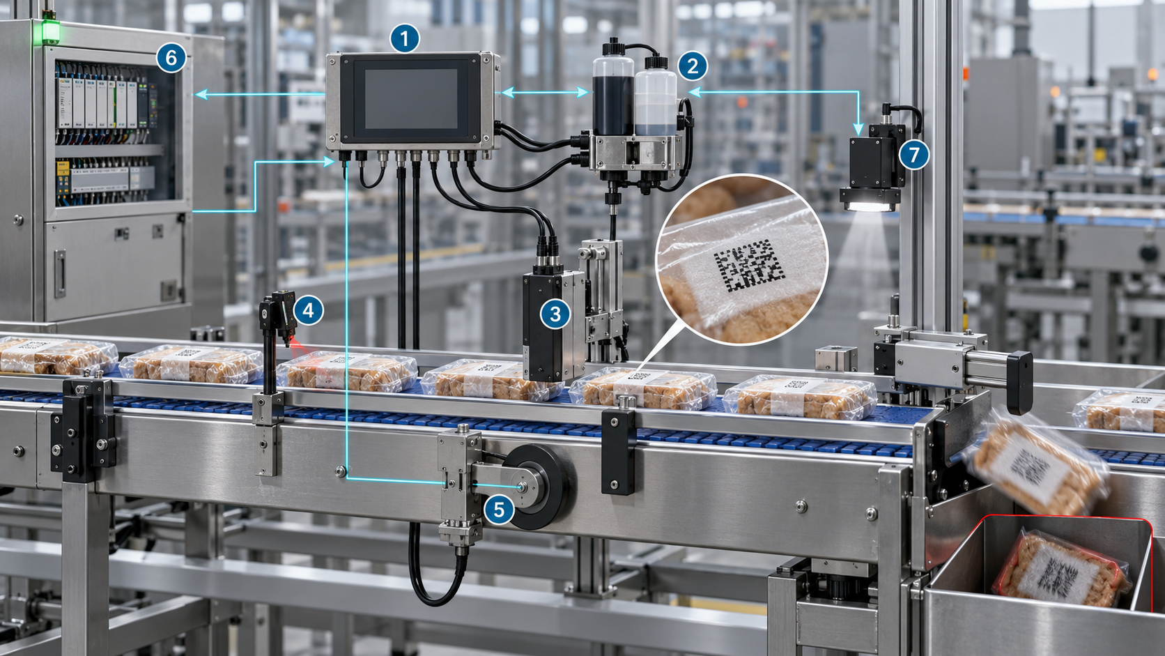Hệ thống in date tích hợp PLC camera và loại lỗi