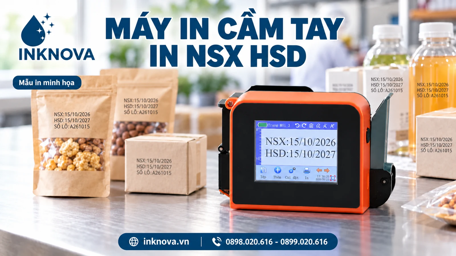 Máy in Mini D30 và bản tin NSX HSD khớp với mẫu in trên bao bì