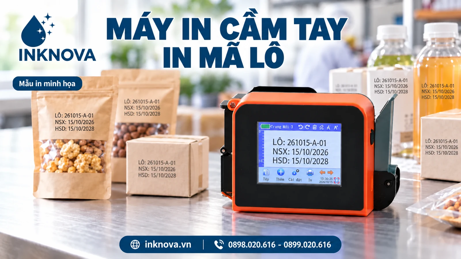 Mini D30 hiển thị mã lô và ngày tháng khớp với mẫu in trên bao bì