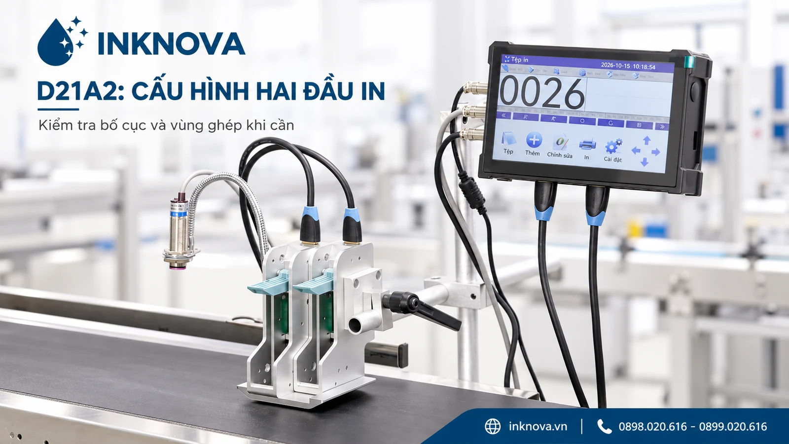 D21A2 hai đầu in cùng bộ điều khiển và cảm biến trên băng tải