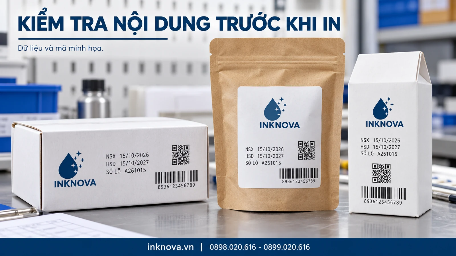 Mẫu NSX HSD số lô mã QR và mã vạch minh họa trên bao bì