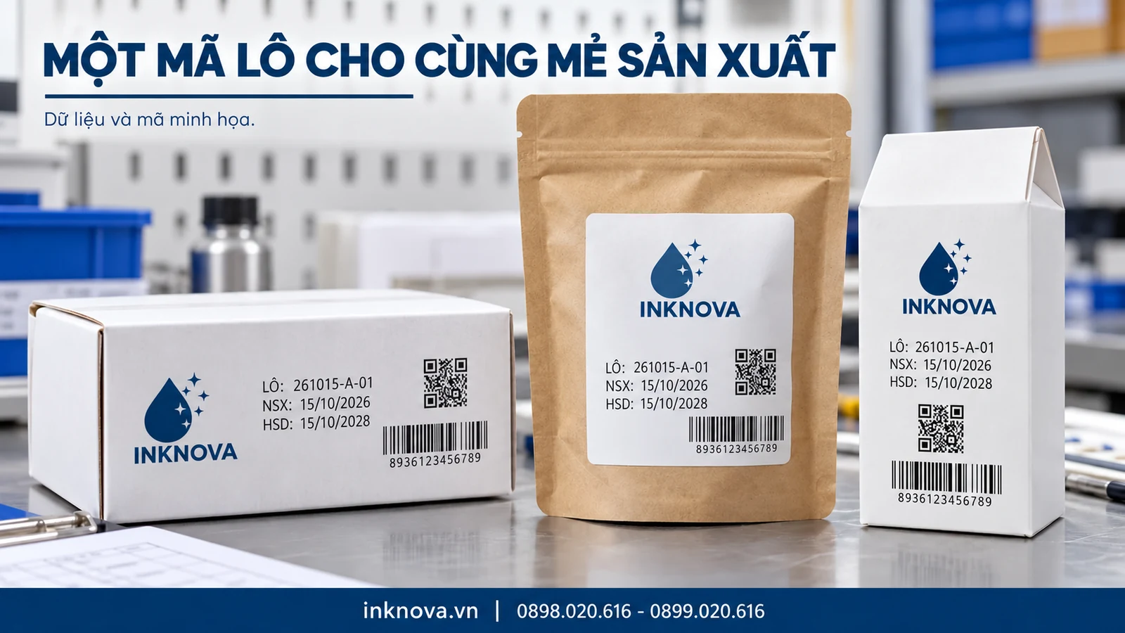 Máy in cầm tay in Cùng mã lô 261015-A-01 trên hộp và túi của một mẻ minh họa