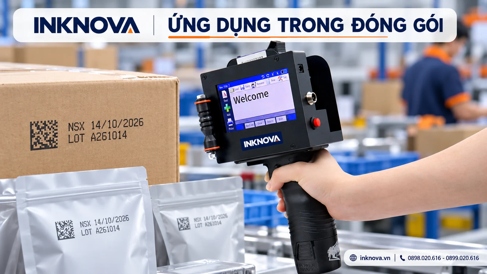 Máy in phun cầm tay dùng trong đóng gói hộp và túi