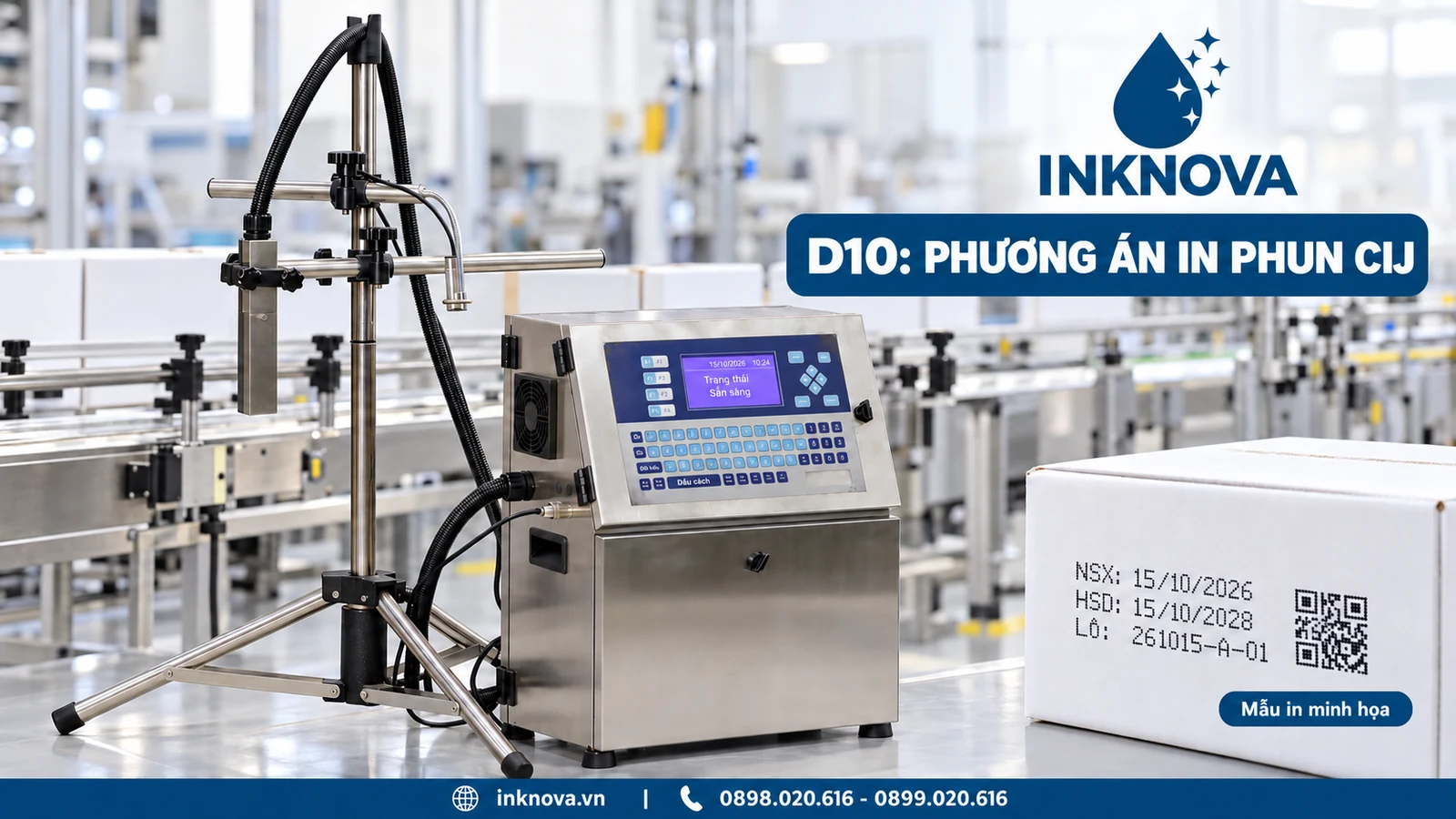 Máy in phun công nghiệp CIJ D10 với đầu in và tủ điều khiển, Máy in date băng tải