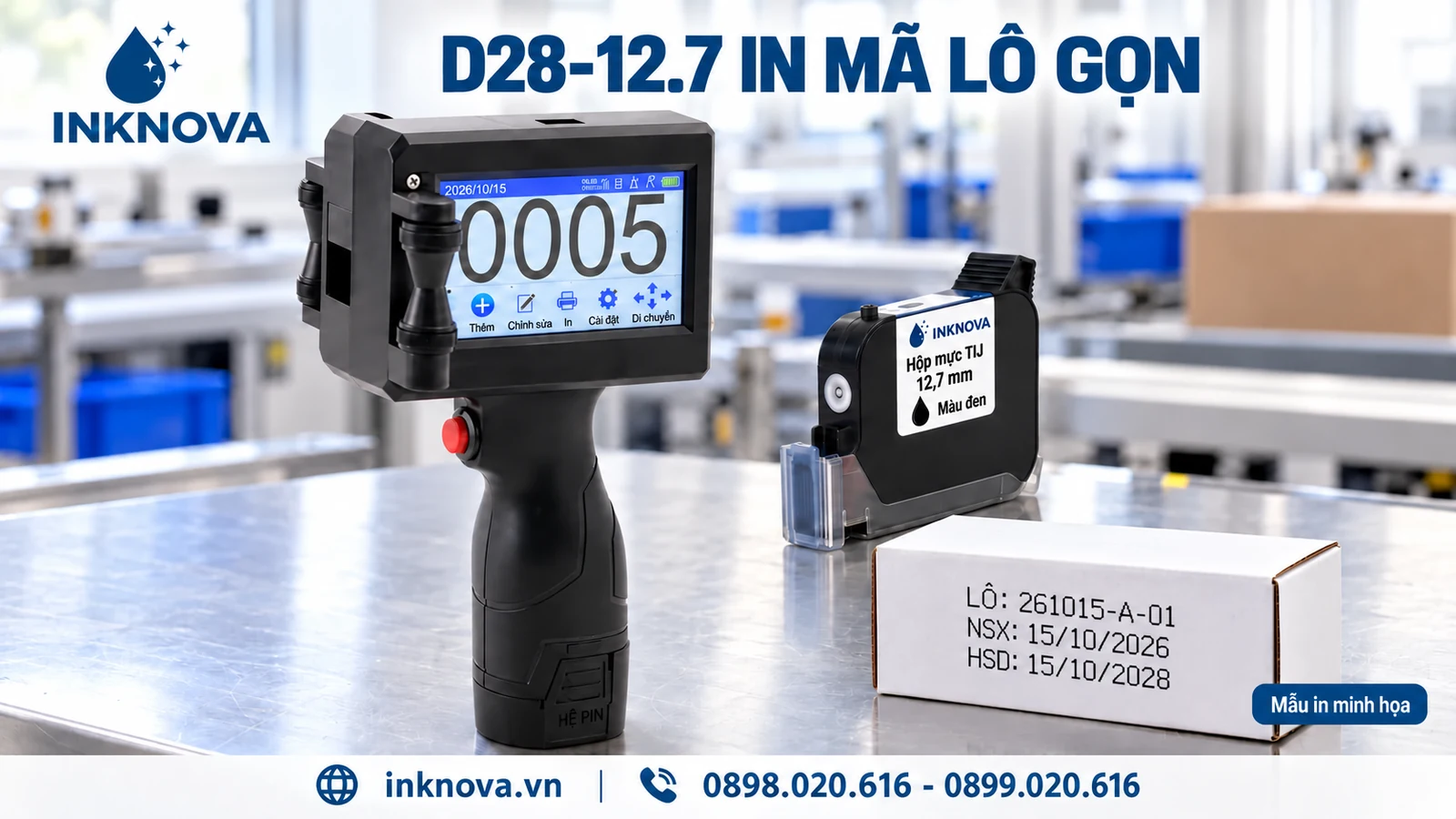 D28-12.7 cùng hộp mực TIJ 12,7 mm và mẫu mã lô trên hộp