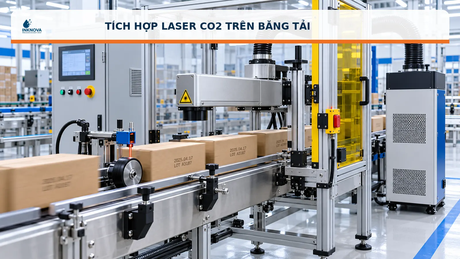 Laser CO2 in date tích hợp trên băng tải
