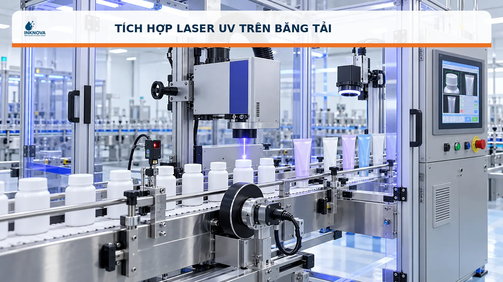Laser uv in date tích hợp trên băng tải