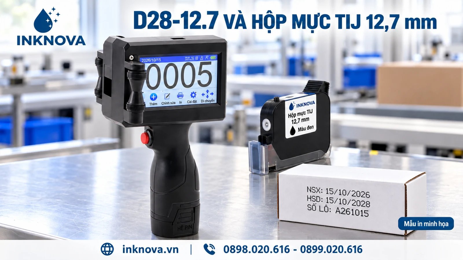 Máy in D28-12.7 cùng hộp mực TIJ 12,7 mm và mẫu in NSX HSD trên hộp