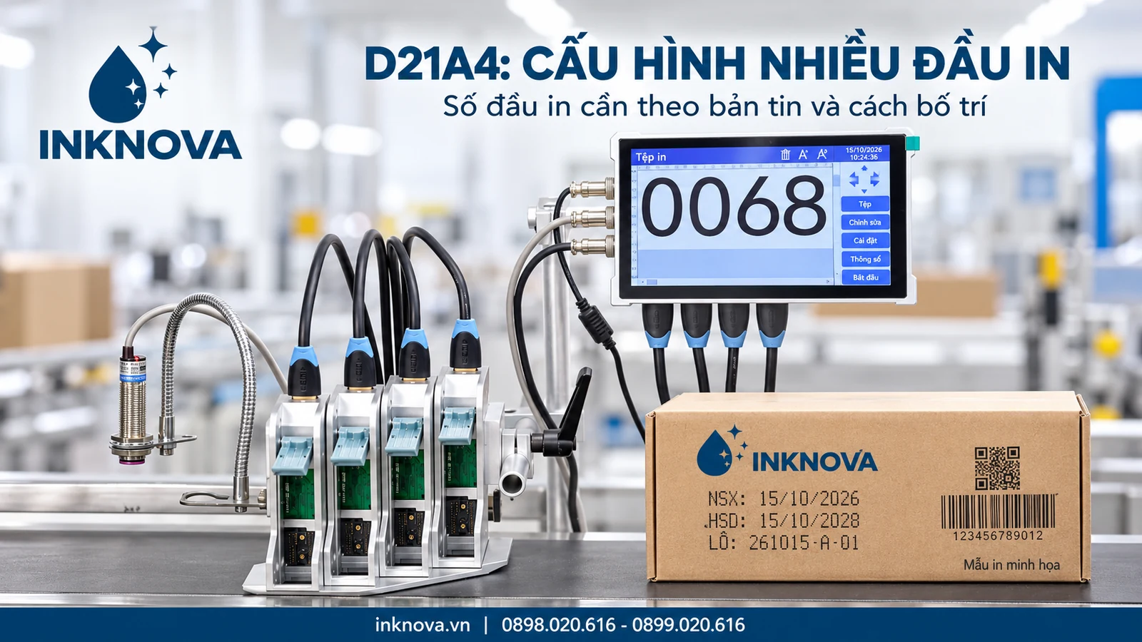 Cấu hình D21A4 bốn đầu in cố định trên băng tải, Máy in date băng tải