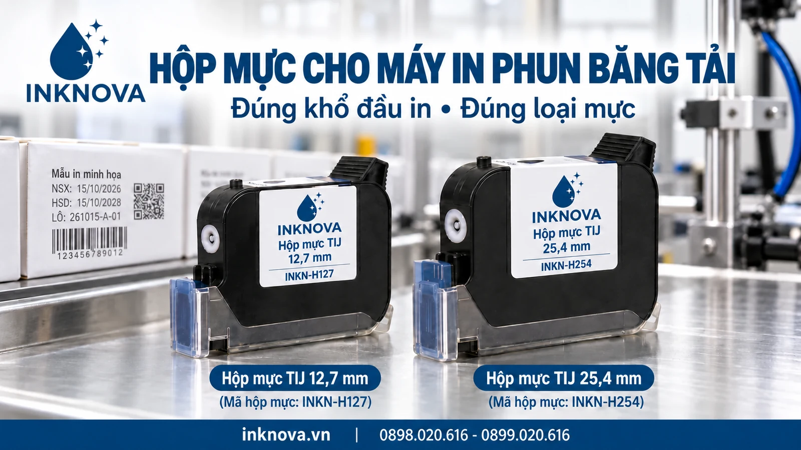 Hai hộp mực TIJ 12,7 mm và 25,4 mm cho cấu hình máy in phun băng tải tương thích