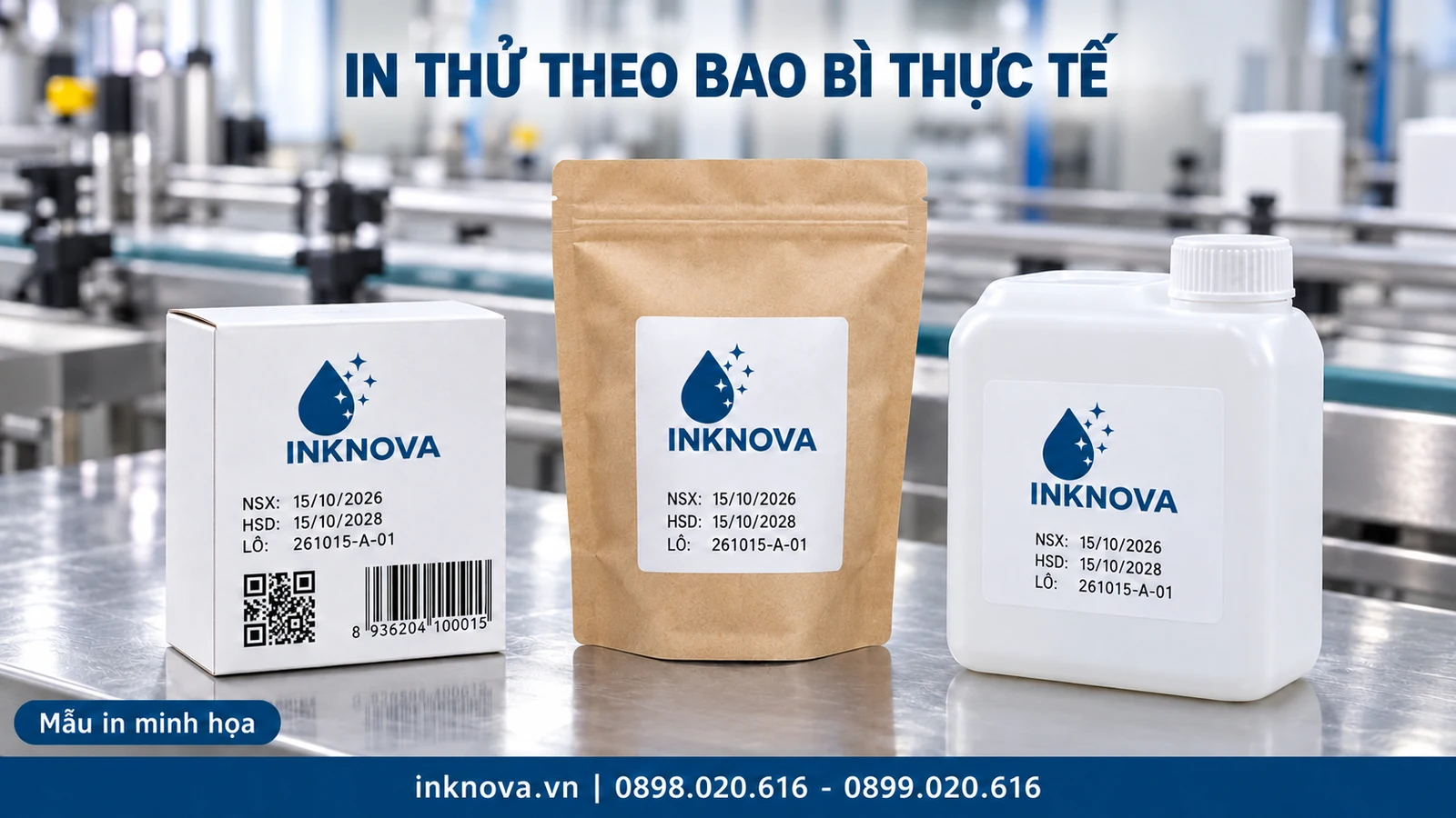 Mẫu NSX HSD và mã lô minh họa trên hộp giấy túi kraft và can nhựa