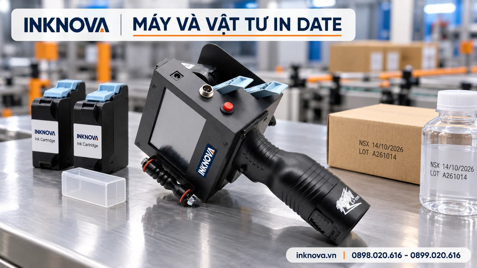 Máy in cầm tay cùng hộp mực và vật tư minh họa