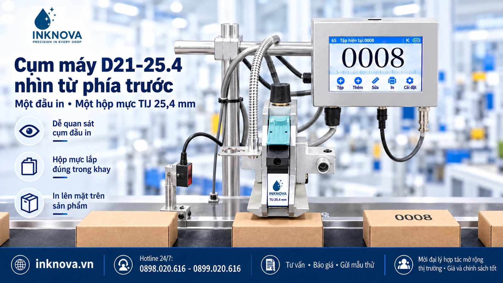 cum-may-d21-25.4-nhin-tu-phia-truoc Cụm máy D21-25.4 nhìn từ phía trước – Một đầu in • Một hộp mực TIJ 25,4 mm