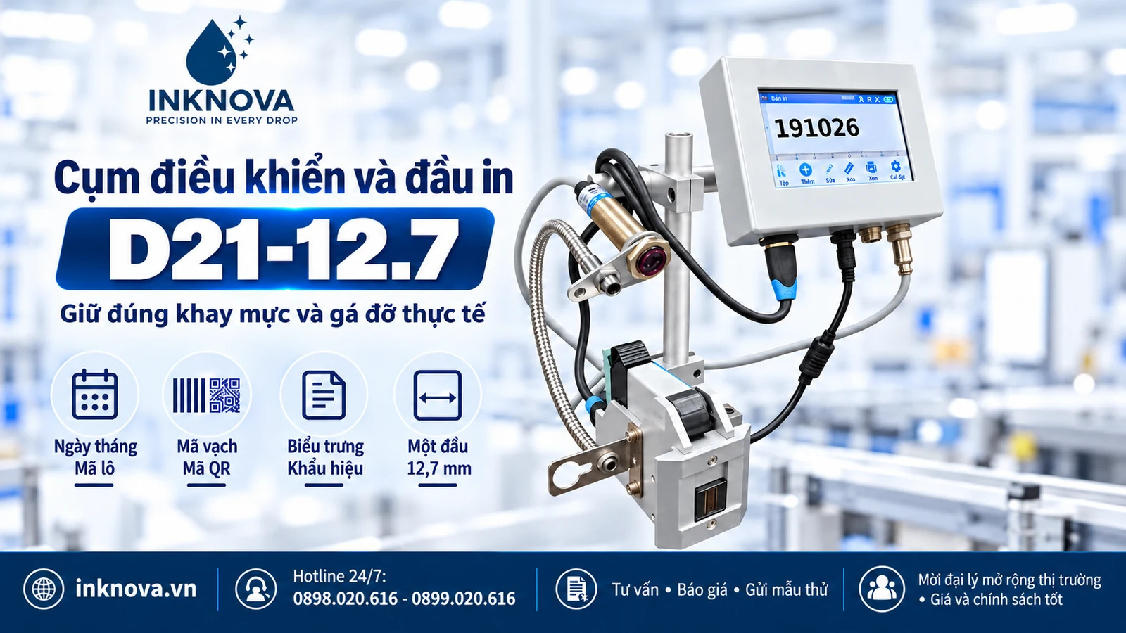 d21-12.7-02-goc-nhin-cum-may D21-12.7 lắp trên băng tải – Đầu phun hướng xuống • In lên mặt trên